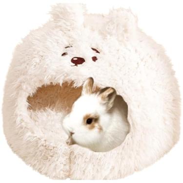 Imagem de Cama pequena para animais de estimação, cama de coelho para gatinho, chinchila, barraca de animal de estimação, caverna com almofada removível, casa quente de pelúcia semi-fechada para coelhinhos
