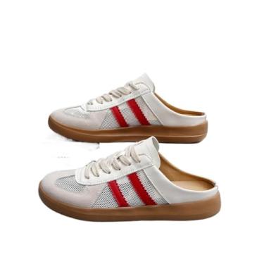 Imagem de Tênis feminino moderno de malha contrastante com cadarço, sapatos esportivos casuais, respiráveis e confortáveis, bico redondo feminino sem cadarço para uso diário, Vermelho e branco., 36