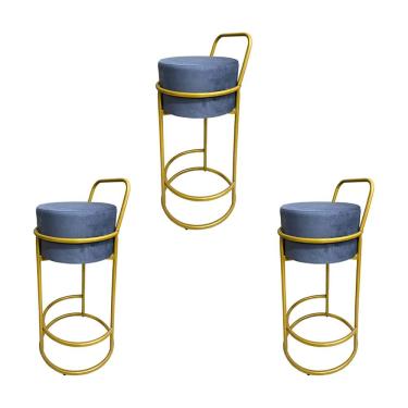 Imagem de Kit 3 Banquetas Alta Redonda Base Dourada Veludo - Cinza