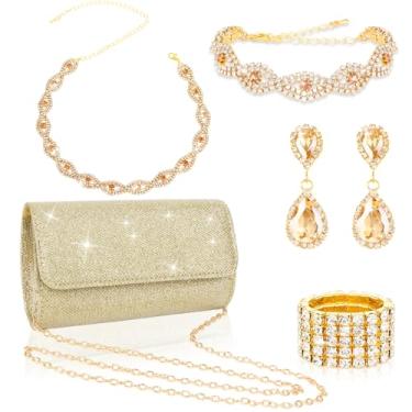 Imagem de ACO-UINT Conjunto de joias de strass com 5 peças de bolsa clutch para mulheres, colar de formatura, brincos, pulseira, anel com glitter, joias formais para mulheres para uso noturno, 8.6 × 5.1 × 1.7