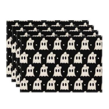 Imagem de Artoid Mode Jogo americano assustador de Halloween Ghost Boo com listras pretas, conjunto de 4 tapetes de mesa vintage sazonais de 30 x 45 cm para decoração de festa, cozinha, jantar