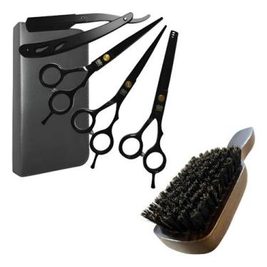 Imagem de Kit 3 Tesouras Barbeiro Profissionais + Escovinha Disfarce Degradê Ref