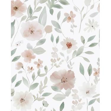 Imagem de XRUIBZI Papel de parede floral branco para contato azul vintage flor rosa mural de parede vinil impermeável autoadesivo removível para locatário papel de parede 44,5 cm x 299,7 cm