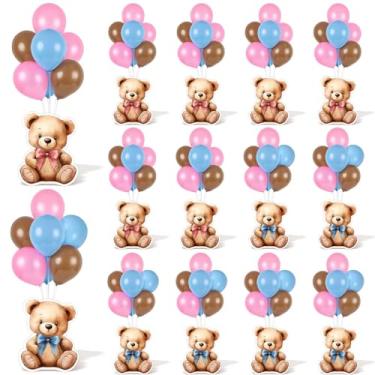 Imagem de 12 conjuntos de kit de suporte de balão de urso para mesa de centro de mesa de chá de bebê para mesas, decoração de festa revelação de gênero, urso rosa azul com balão para bebê urso temado revelação