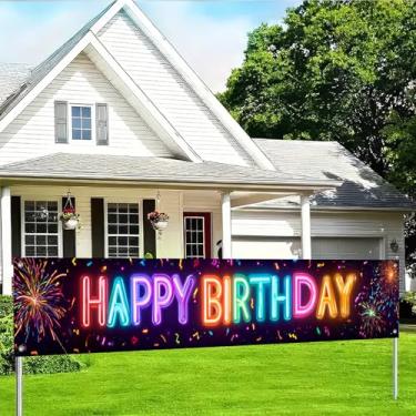 Imagem de BlissYard Faixa de feliz aniversário brilhante estilo neon colorido fogos de artifício e decorações de festa de confetes para casa pano de fundo de foto 118 x 20 polegadas de comprimento tecido