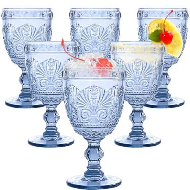 Imagem de Singhoow 6 peças de taças de vinho de 293 ml, taças de água coloridas retrô em relevo para suco de vinho, chá de bebê, recepção de casamento, festa de grande evento, lavável na lava-louças (azul)
