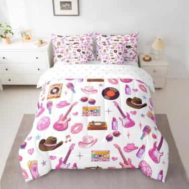 Imagem de Conjunto de cama solteiro de 7 peças, guitarra rosa, gato, vaqueira, ocidental, moderno, feminino, com edredom, fronhas e capa de almofada