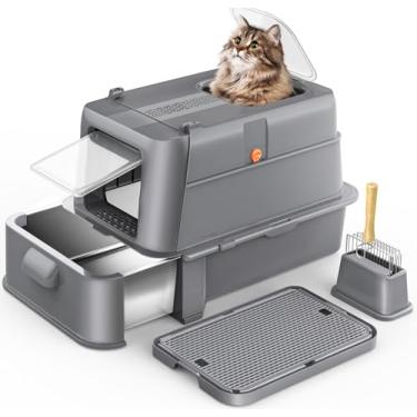 Imagem de HEGGCOOE Caixa de areia fechada de aço inoxidável para gatos com tampa, caixa grande de metal para gatos GG com gaveta para gatos grandes, caixa de areia para gatinhos de saída superior inclui colher