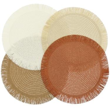 Imagem de 4 peças de jogo americano redondo de tecido, tapetes de mesa boho de algodão de 38 cm, conjunto de porta-copos boho, tapete de café de algodão, decoração de mesa retrolavável para mesa redonda de