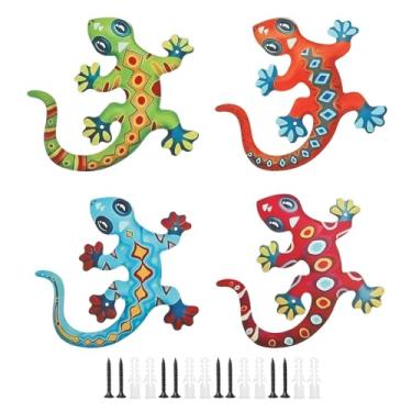Imagem de 4 peças de metal lagartixa lagartixa decoração de parede de metal, lagarto de ferro premium, decoração de escultura de vidro para pendurar no jardim, arte ou cerca, casa de cerca, ideias de presente