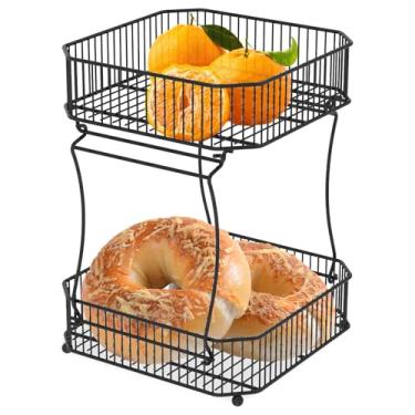 Imagem de Cesta de frutas de 2 camadas, tigela de pão para cozinha, suporte organizador de frutas para lanche de legumes, batata e cebola (preto)