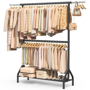 Imagem de EAGMAK Suporte para roupas de haste dupla, 282 kg, suporte resistente para pendurar roupas, suporte de 210 cm de altura com prateleiras de sotrage, organizador de guarda-roupa de armário de metal