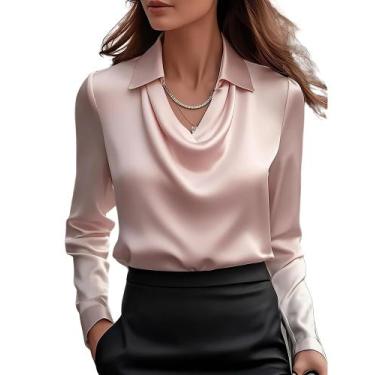 Imagem de Blusa feminina CORIRESHA elegante com gola alta rosa acetinado