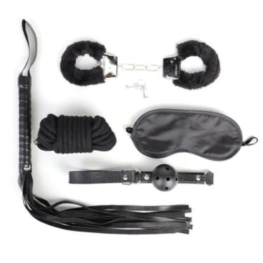 Imagem de Kit Sado Bondage Com 5 Itens Kit Fetiche com Algemas Macias, Corda, Chicote, Venda e Mordaça SM118