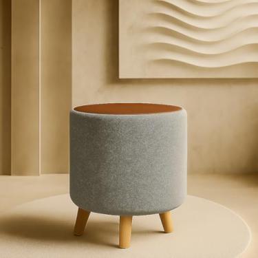 Imagem de Puff Banquetas Redondo Banco Pufe Assento Macio em Courino Tecido Boucle Decorativo para Sala Escritório Apartamento Manu com Pés em Madeira - Cinza/Marrom