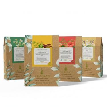 Imagem de kit cuida - Chás ZEN (camamila, alfazema, funcho, valeriana), DESINTOX (chá verde, macela, casca de abacaxi), ALIVIA (funcho, mostarda e canela), Energiza (chá preto, hibisco, cascas de laranja e tangerina) - CHAGRAN - tranquiliza, detox, pré-treino, pós-treino - 15g cada