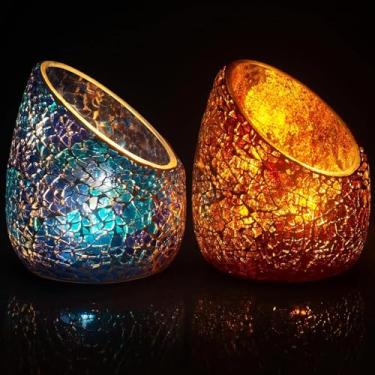 Imagem de Conjunto de castiçais votivos, 2 peças de vidro de mosaico, suporte de vela de tealight feito à mão, romântico, inclinado, cristal, centro de mesa, para o dia dos namorados