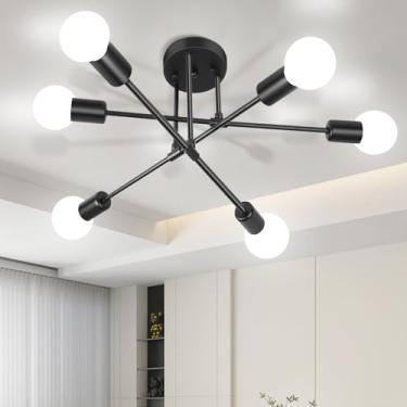 Imagem de SILAMPDI Lustre Sputnik moderno, luminária de teto preta de 6 luzes, luminária de sala de jantar industrial para quarto, cozinha, sala de estar, corredor, base E26, lâmpadas não incluídas