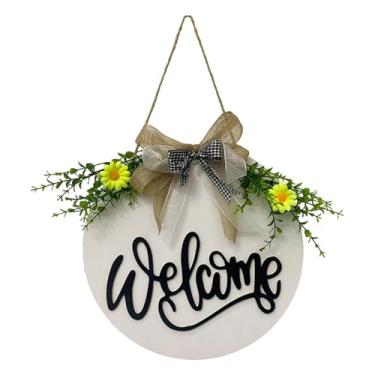 Imagem de Fenteer Placa de boas-vindas para porta com corda, estilo rústico, redonda, com laço, para pendurar na parede, ideal para decoração de escritório, Branco