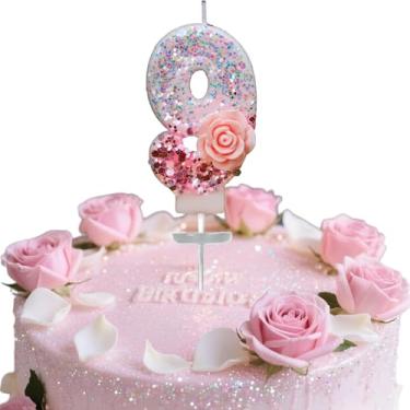 Imagem de Vela digital de aniversário, rosa rosa nº 9 vela de aniversário, adequada para meninos e meninas, aniversários e celebrações, é o presente preferido para expressar amor (número 9)