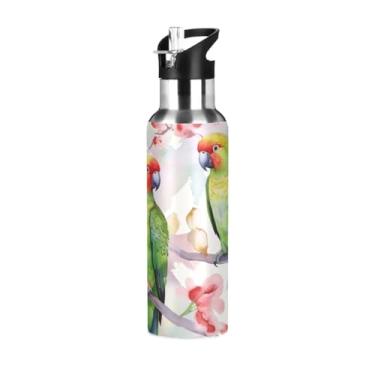 Imagem de Wassud Garrafa de água dois papagaios no ramo garrafa de água esportiva de aço inoxidável com canudo garrafas de água isoladas copo portátil de viagem 946 ml