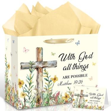 Imagem de Grande bolsa de presente religiosa cristã batismo cruz bíblia saco de presente com cartão de papel de embrulho, saco de aniversário de flores silvestres para primeira comunhão, bebê, menina, menino