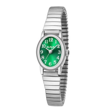 Imagem de BOSHIYA Relógio feminino Quartz Easy Reader 23 mm pulseira de expansão de aço inoxidável para pulso pequeno (ouro/prata), Pulseira prata + mostrador verde 18