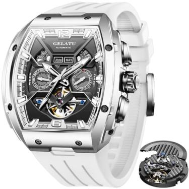 Imagem de OLEVS GELATU Relógio masculino turbilhão automático, relógio de pulso esqueleto, mecânico, corda automática, 50 m, à prova d'água, cristal de safira, relógios masculinos quadrados, amarelo/branco