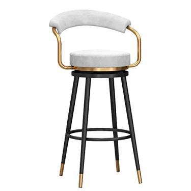 Imagem de Bancos de bar de veludo com altura de balcão com encosto e apoio para os pés, cadeiras de bar estofadas, bancos de bar modernos para cozinha, ilha, bancada, branco, pernas pretas