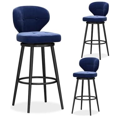 Imagem de Conjunto de 3 bancos de bar giratórios com altura de balcão, banquetas modernas de veludo com encosto médio, cadeira de bar estofada com base de metal, bancos de ilha de cozinha