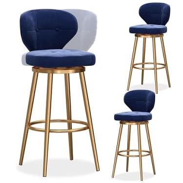 Imagem de Conjunto de 3 bancos de bar giratórios com altura de balcão, banquetas modernas de veludo com encosto médio, cadeira de bar estofada com base de metal, bancos de ilha de cozinha