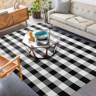 Imagem de KILOCOCO Tapete xadrez de búfalo 1,5 m x 1,8 m preto e branco tapetes de algodão tecido à mão lavável interior tapete xadrez de búfalo em camadas para porta da frente/varanda / casa de fazenda/entrada/pátio
