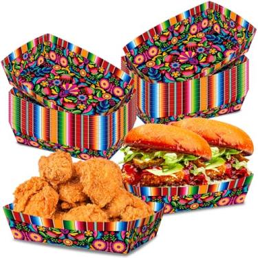 Imagem de KERINGO Não é necessário dobrar, pacote com 100 bandejas de comida mexicana de 900 g, design de listras florais, recipientes de papel descartáveis, barcos para noites de taco, nachos, batatas fritas