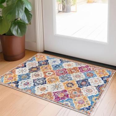 Imagem de KILOCOCO Tapete de área pequeno marroquino 2 x 3, tapete de entrada tapete floral vintage interior tapete lavável tapete antiderrapante para porta interior, tapete de decoração oriental para