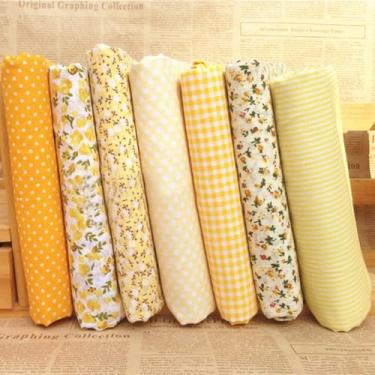 Imagem de 7 estilos de tecido de algodão com estampa floral de puro algodão, amarelo, 7 conjuntos de tecido, 25 x 25 cm