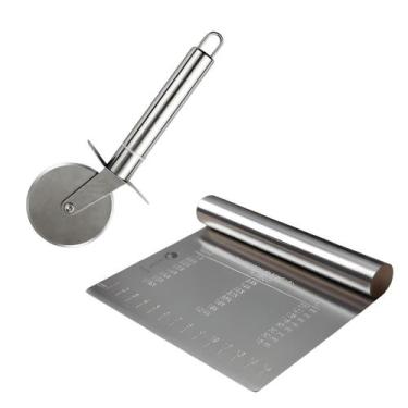 Imagem de Kit Pizzaiolo Profissional Espátula Raspadora Massas Pães Régua Cortad