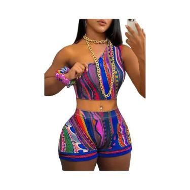 Imagem de Conjunto De Verão Feminino Com Top De Um Ombro E Calças Curtas Com Est