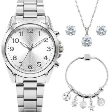 Imagem de Relogio Feminino Prata Aco Inox + Brincos Colar + Pulseira original ca