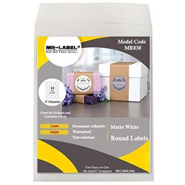 Imagem de Etiqueta adesiva de papel sintético branco redondo de 5 cm da Mr-Label - impermeável e resistente a rasgos - para impressora a jato de tinta e a laser - para embalagem de alimentos | garrafa | frasco | envelope, Branco, 25 sheets total 300 labels