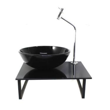 Imagem de Kit Cuba de Vidro Redonda 1cm Tampo 40cm Full com Suporte Torneira Valvula Preto