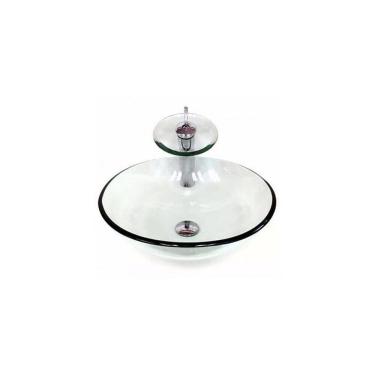 Imagem de Cuba de Vidro Redonda 31cm + Válvula + Torneira Cascata Incolor