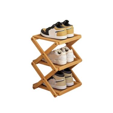 Imagem de Buric Sapateira dobrável de 3 níveis, organizador de armazenamento de sapatos de bambu natural que economiza espaço, fácil montagem e design forte para armário (cor original, três camadas)