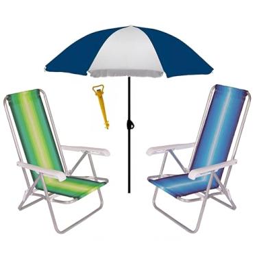 Imagem de Kit 2 Cadeira Reclinável 4 Posições Alumínio + Guarda Sol 1,80 m Aço + Saca Areia - Mor - Azul Marinho