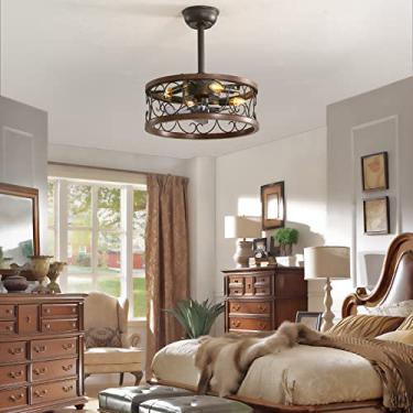 Imagem de Ventiladores de teto industriais gaiola com lâmpadas silencioso estilo retro ventilador lustre luz de teto DC reversível temporizador de 6 velocidades Ventilador de teto designer com luzes p