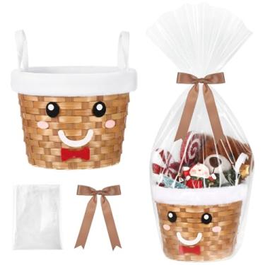 Imagem de Threehoney Conjunto de cestas vazias de presente de Natal de 22 x 18 cm, cestas de presente de bambu para encher com cinto de Natal para suprimentos de aniversário de Natal (homem de gengibre, marrom