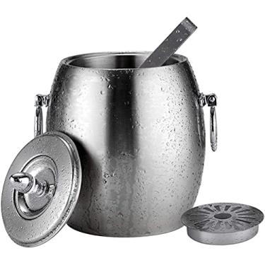 Imagem de Balde de gelo Balde de gelo de parede dupla de aço inoxidável com tampa Pinças de gelo de aço inoxidável - prata (tamanho: A20*11 cm) (tamanho: B22*14cm)