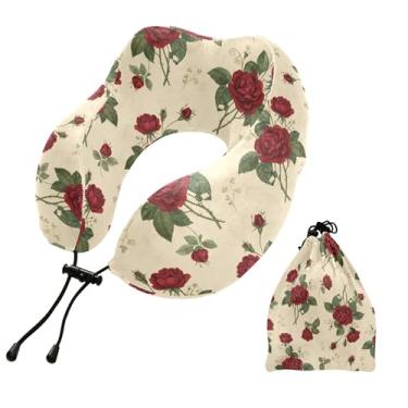 Imagem de Burbuja Almofada de pescoço de rosas vermelhas para viagem, almofada de viagem de espuma viscoelástica para suporte de cabeça de carro de avião dormindo, lavável na máquina e portátil