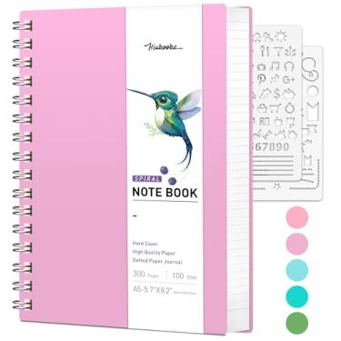 Imagem de HIUKOOKA Caderno pontilhado com 300 páginas A5, papel quadriculado pontilhado em espiral de 100 g/m², caderno espiral de capa dura de 14,5 x 20,8 cm para esboços, anotações, diários para mulheres e