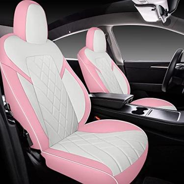 Imagem de TAPHA Conjunto de capa de assento de couro para Tesla modelo Y 2020 - 2022, respirável e resistente à água, inclui capas de assento para bancos dianteiros e traseiros (branco/rosa)