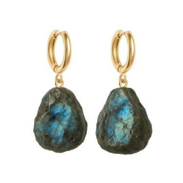 Imagem de Brinco de Argola Labradorita - Cristal Natural, Banho Ouro 18k